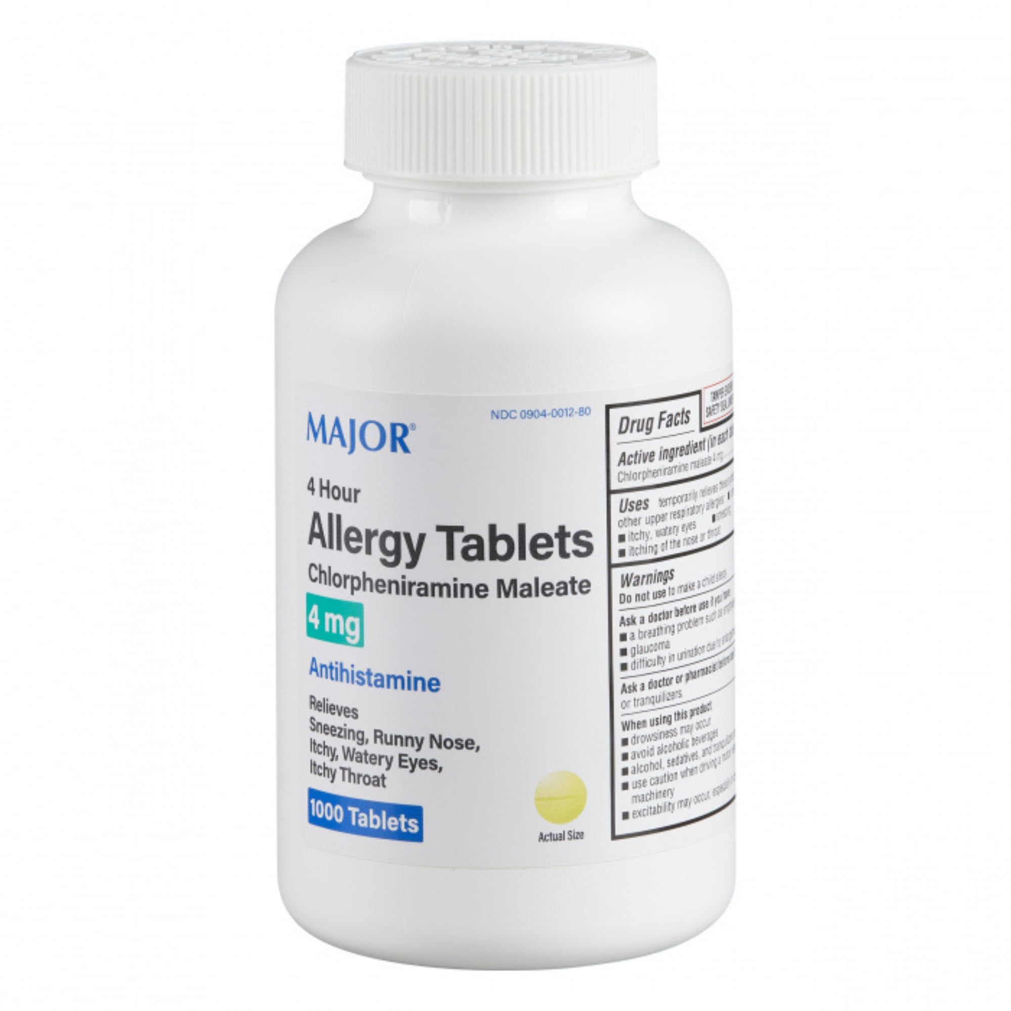 MAJOR 4 Hour Allergy Tablets bottle shown for convenient all-day allergy relief.