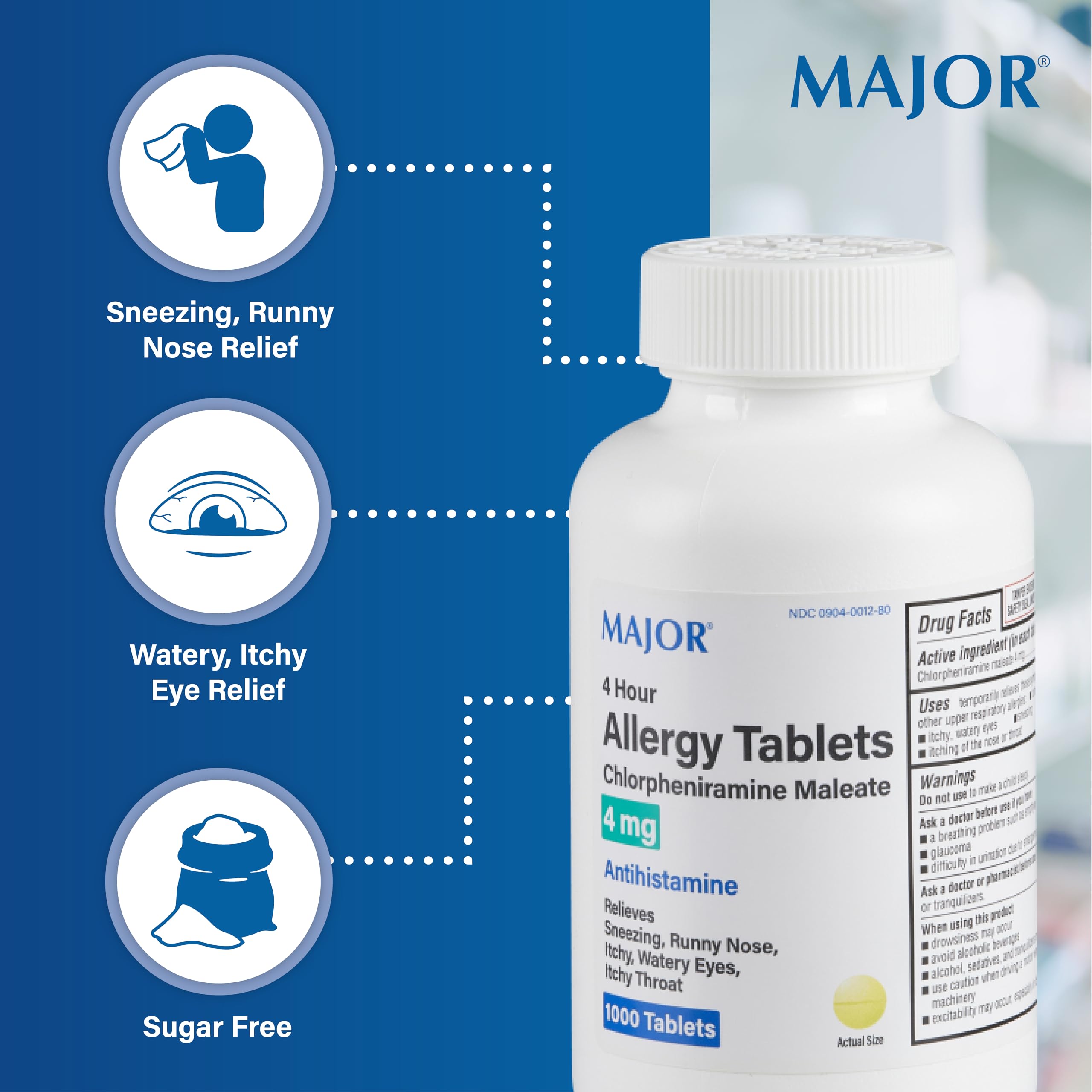 MAJOR 4 Hour Allergy Tablets label shows dosage details for easy reference.