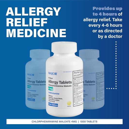 MAJOR 4 Hour Allergy Tablets tablets inside bottle highlight easy dosing.