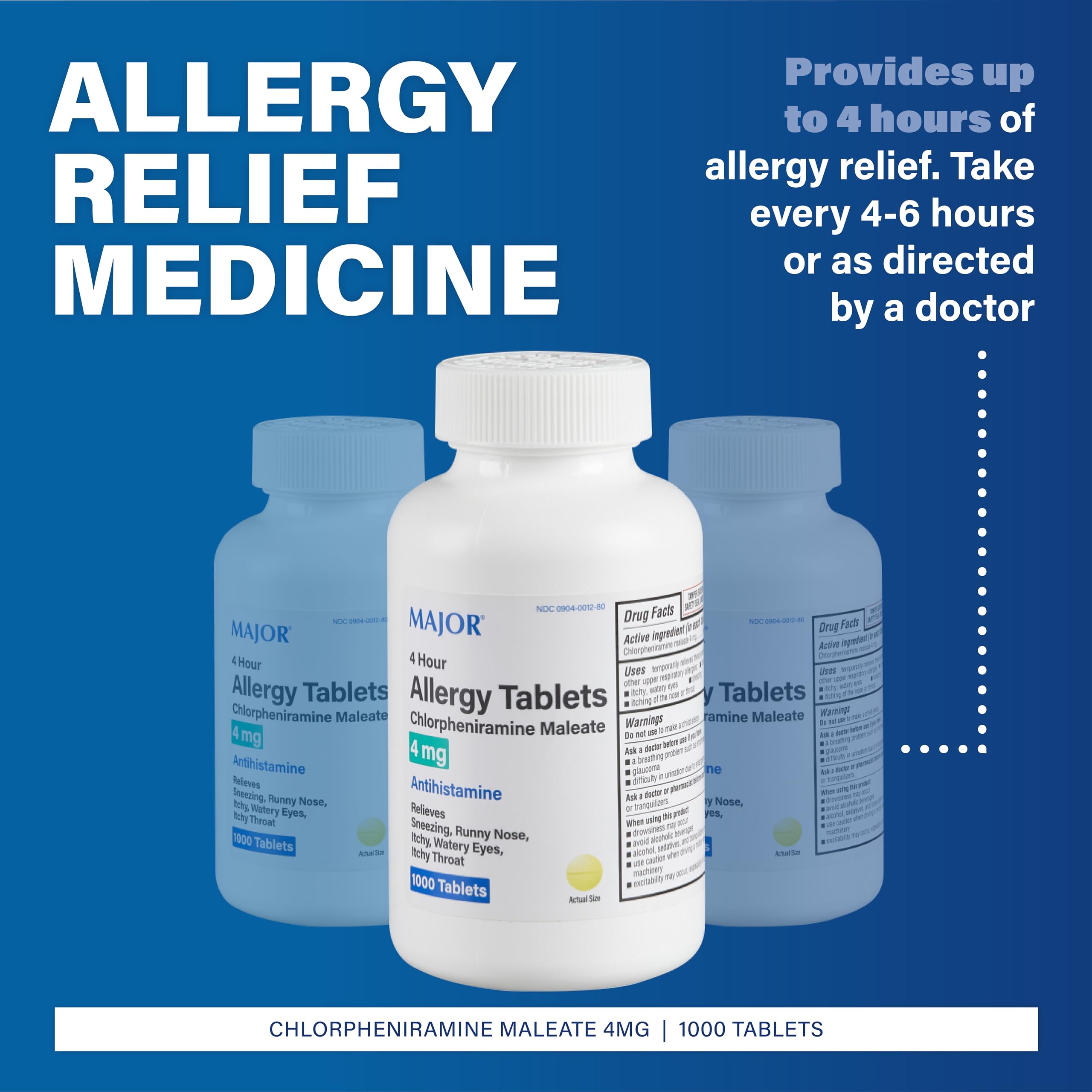 MAJOR 4 Hour Allergy Tablets tablets inside bottle highlight easy dosing.