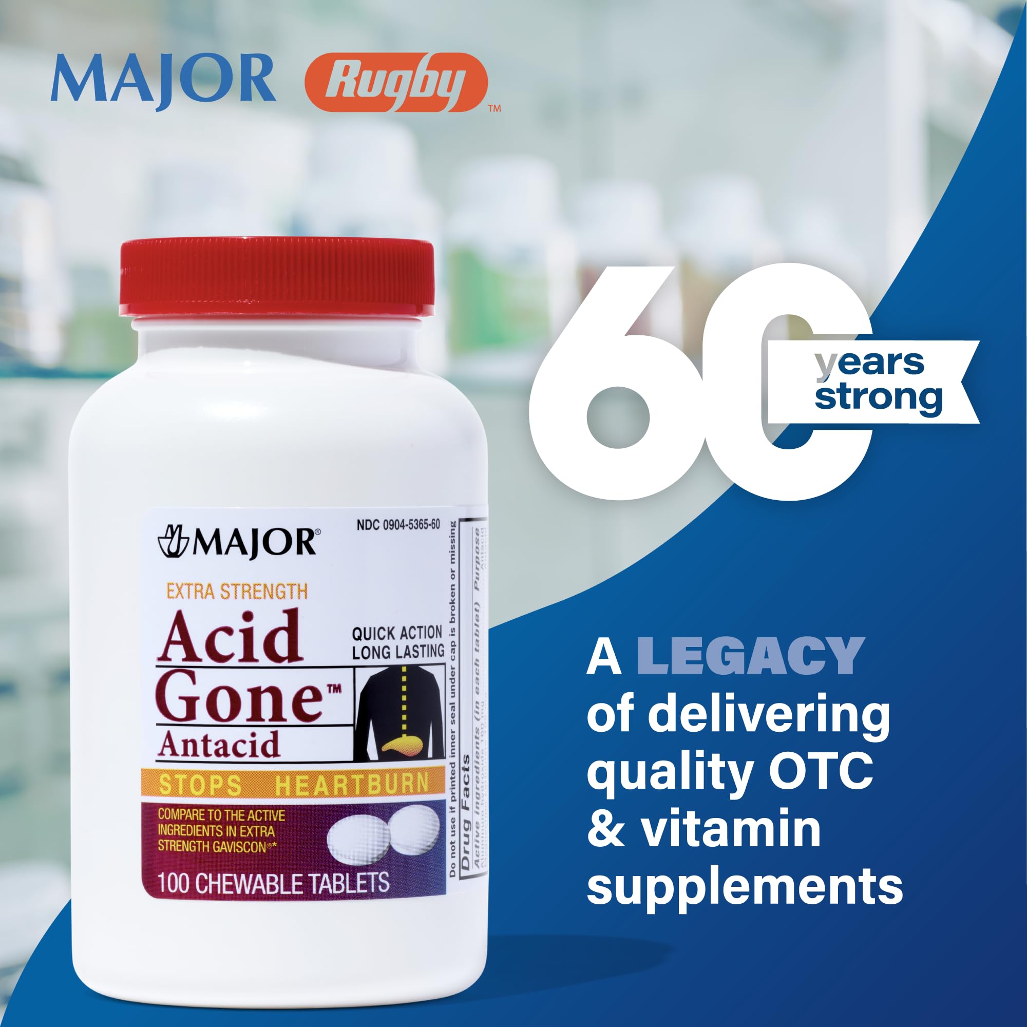 MAJOR Acid Gone chewable tablets closeup emphasizes convenient chewable relief for acid indigestion.