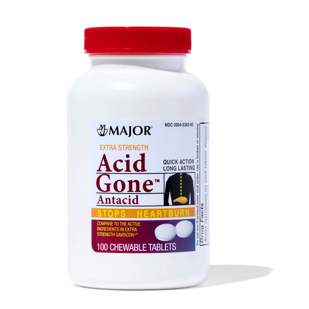 MAJOR Acid Gone extra-strength antacid packaging demonstrates quick relief for heartburn symptoms.