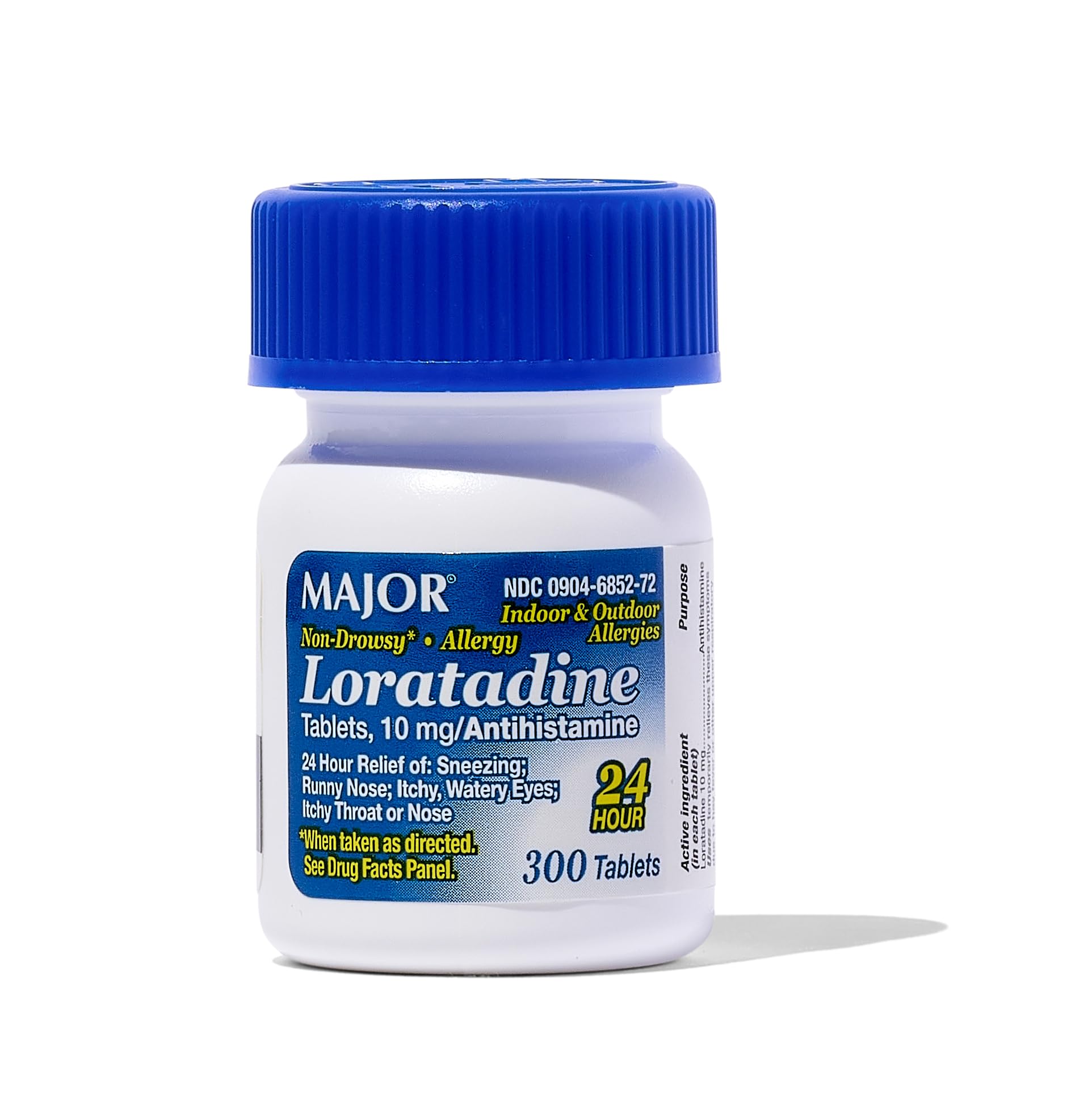 Major Allergy loratadine 10mg tablets bottle shows daily non-drowsy relief at a glance.