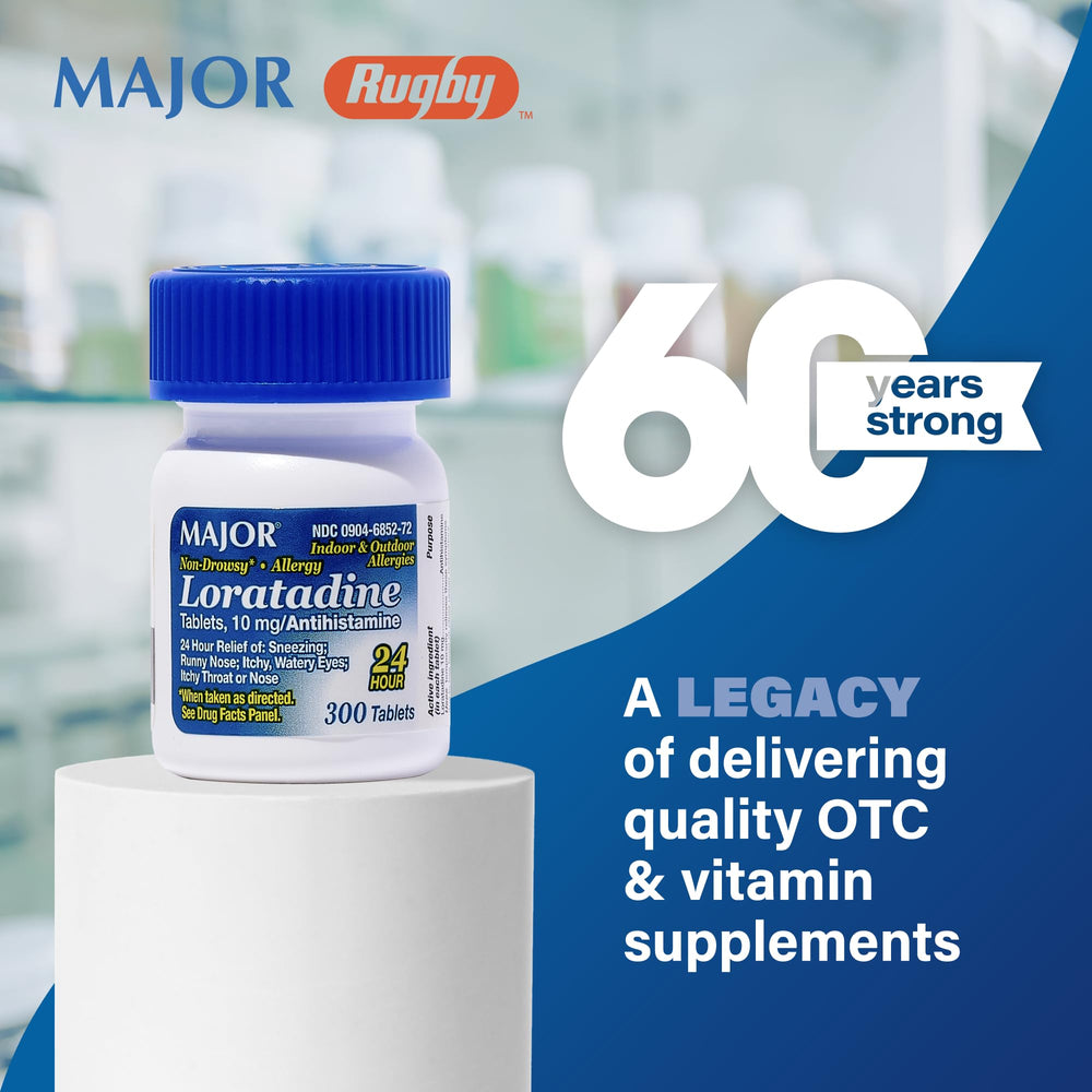 Major Allergy loratadine packaging box highlights 300-tablet supply for ongoing allergy relief.
