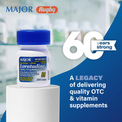 Major Allergy loratadine packaging box highlights 300-tablet supply for ongoing allergy relief.