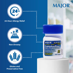 Major Allergy loratadine 24-hour relief icon signals long-lasting symptom control.