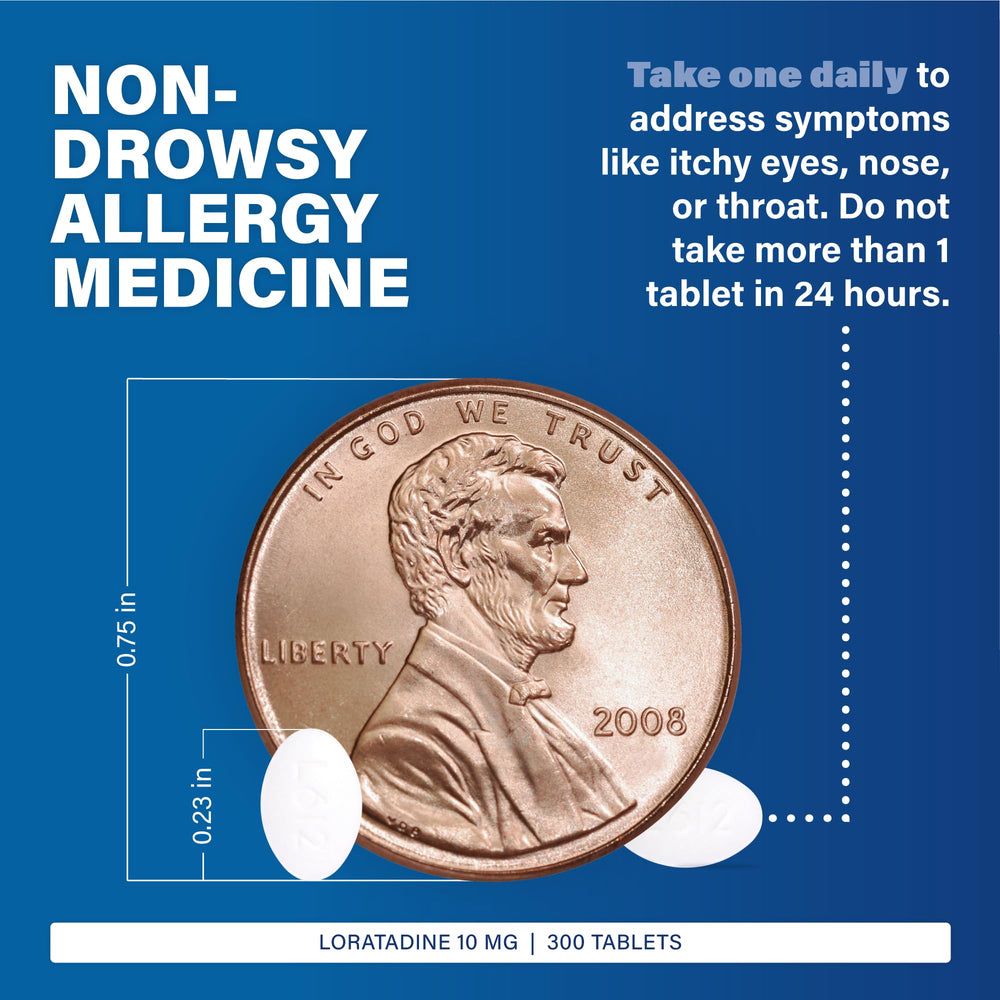 Major Allergy loratadine tablets in hand emphasize easy daily dosing for adults and kids.