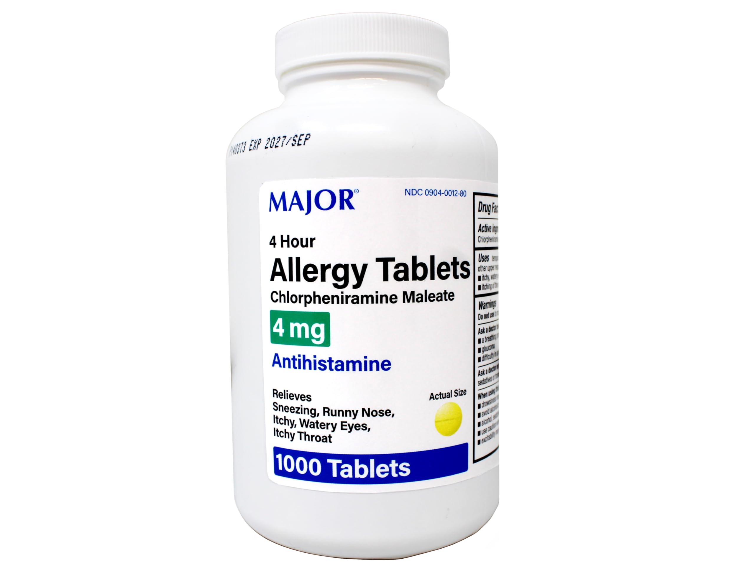 Major Allergy Tablets front bottle shows 4 mg chlorpheniramine for temporary allergy symptom relief