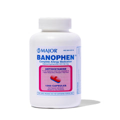 MAJOR Banophen capsules bottle for convenient 1000-count allergy relief on the go.