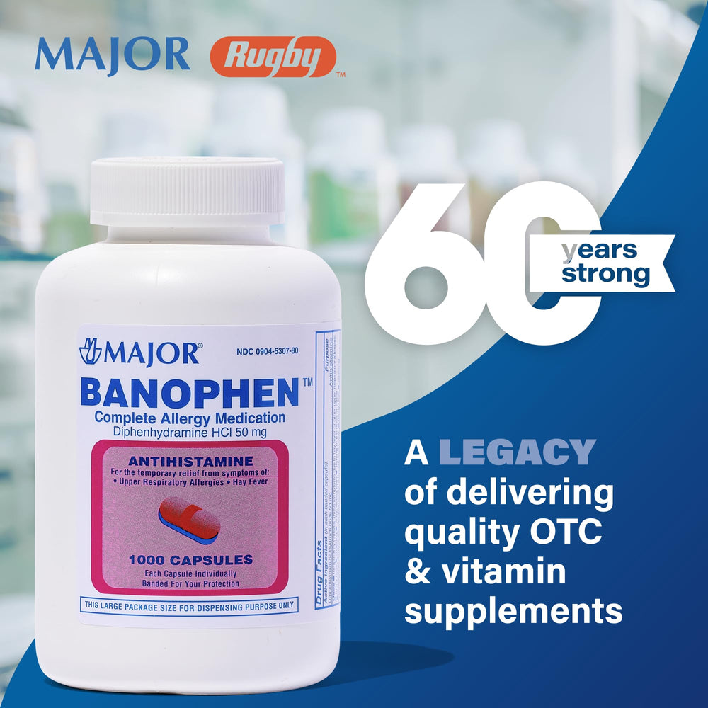 MAJOR Banophen capsules label highlights 50 mg diphenhydramine HCl per capsule.