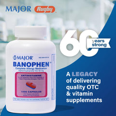 MAJOR Banophen capsules label highlights 50 mg diphenhydramine HCl per capsule.