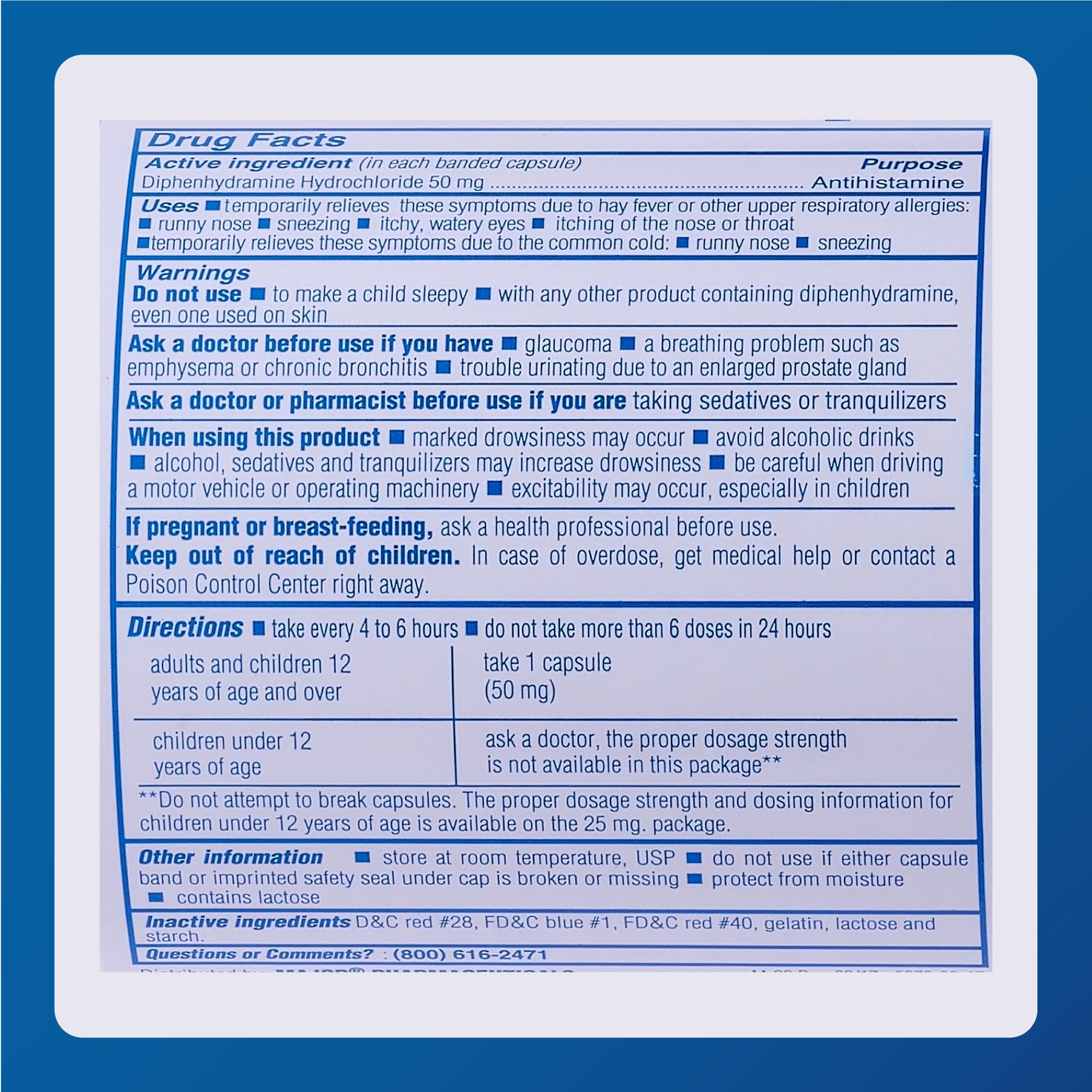 MAJOR Banophen capsules closeup of tablets emphasizes size and uniform dosing.
