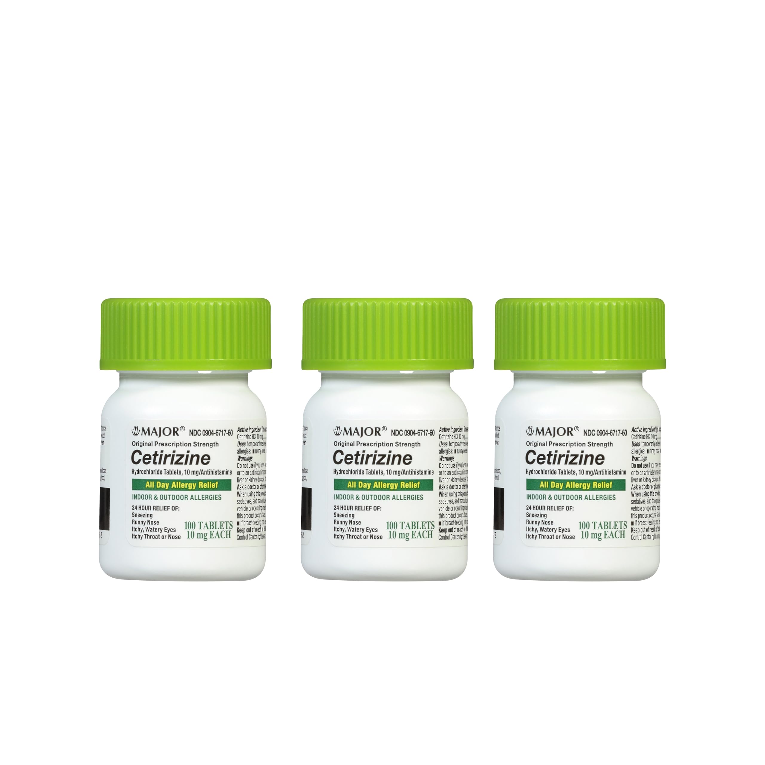 MAJOR cetirizine 10mg bottle label for 24-hour allergy relief.