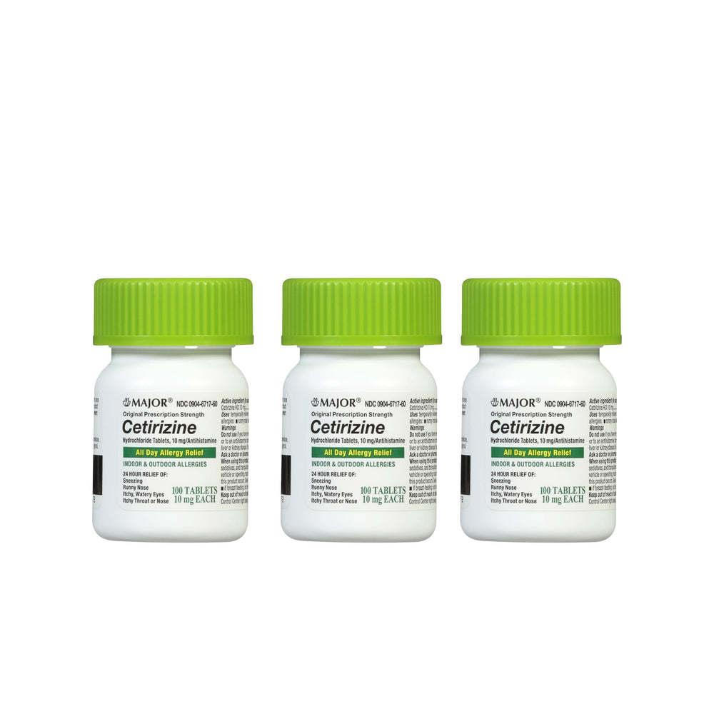 MAJOR cetirizine 10mg bottle label for 24-hour allergy relief.
