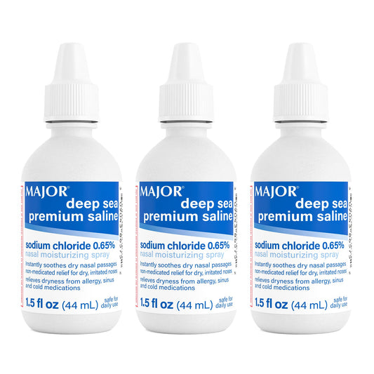 MAJOR Deep Sea saline nasal spray bottle delivers gentle moisture for dry nose relief.
