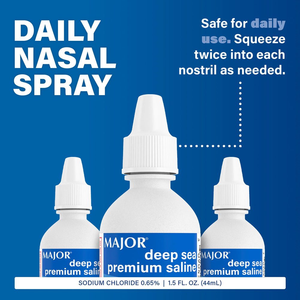 MAJOR Deep Sea saline formulation features 0.65% sodium chloride for natural nasal care.