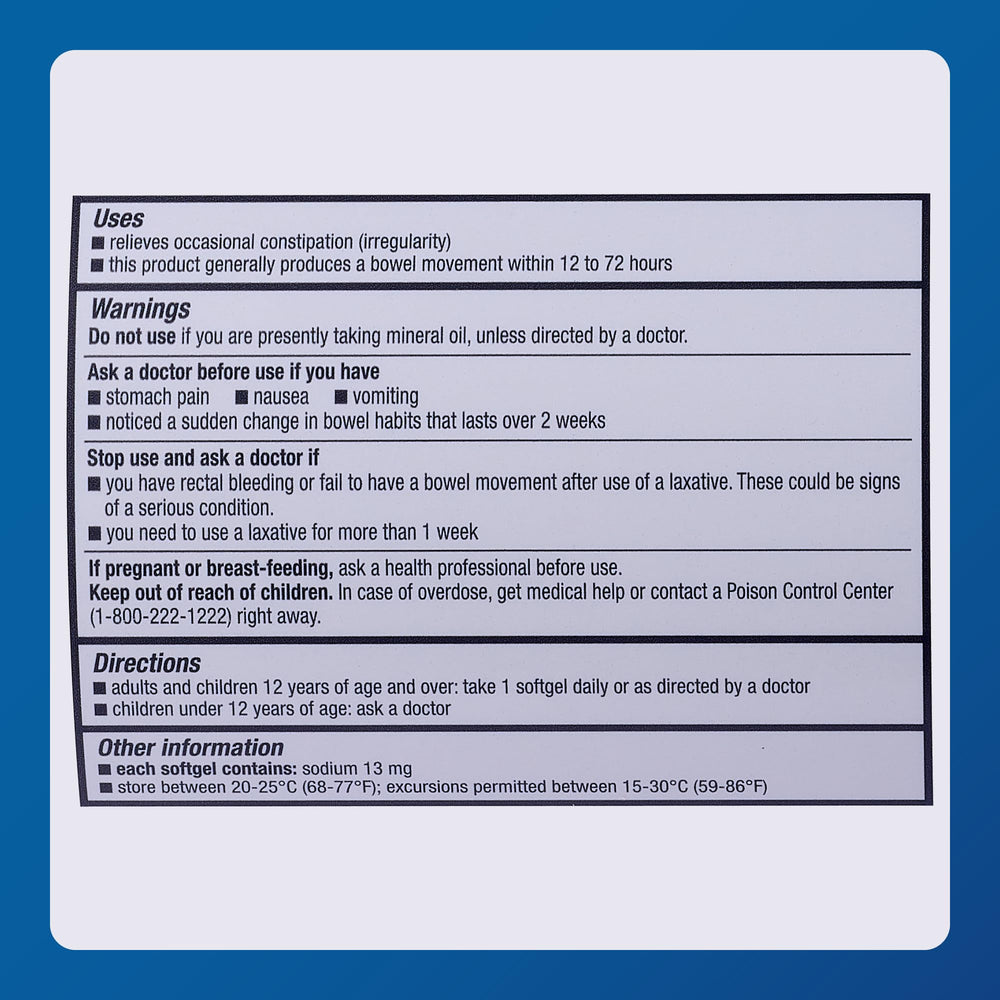 Over-the-counter label for Major Docusate Sodium 250 mg