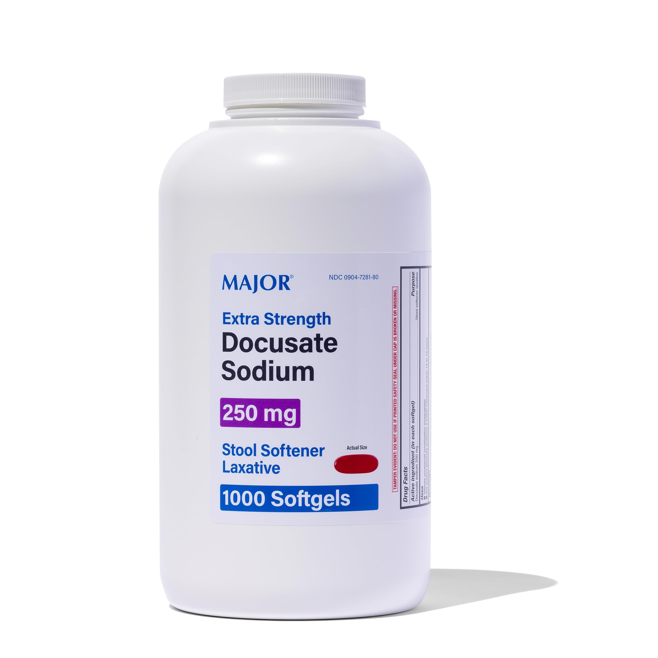 Major Docusate Sodium softgel bottle showing easy-to-swallow capsules