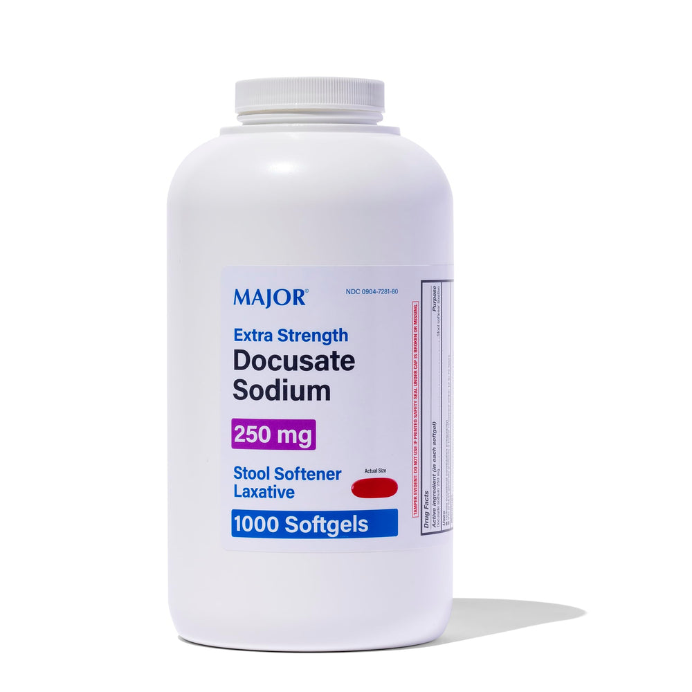 Major Docusate Sodium softgel bottle showing easy-to-swallow capsules
