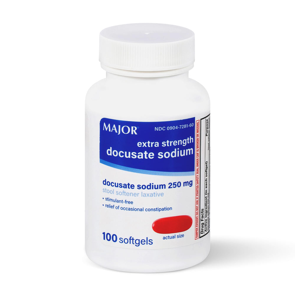 MAJOR Docusate Sodium 250 mg softgel bottle for daily, gentle stool softening.