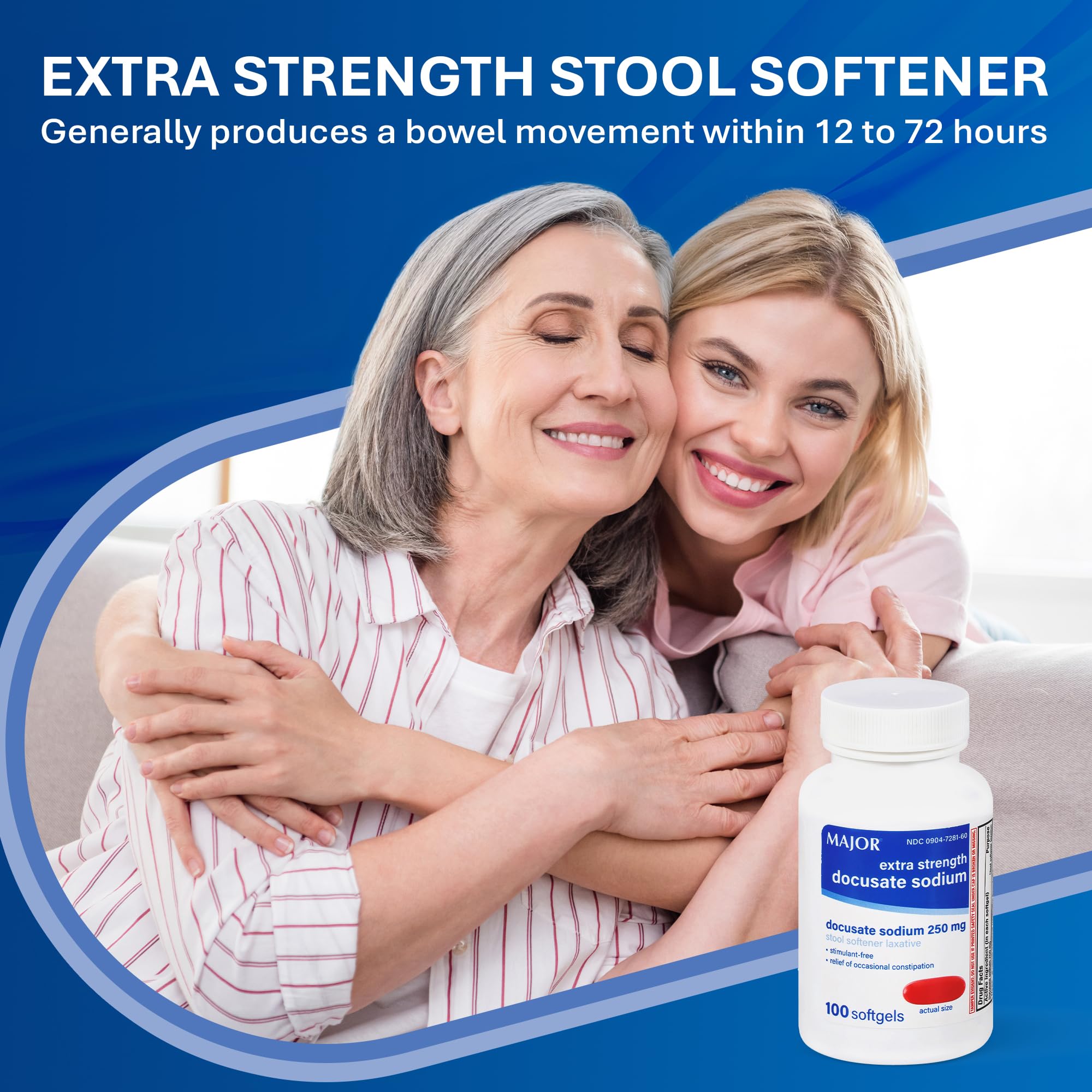 MAJOR Docusate Sodium 250 mg softgel packaging highlights clear dosing and stimulant-free design.