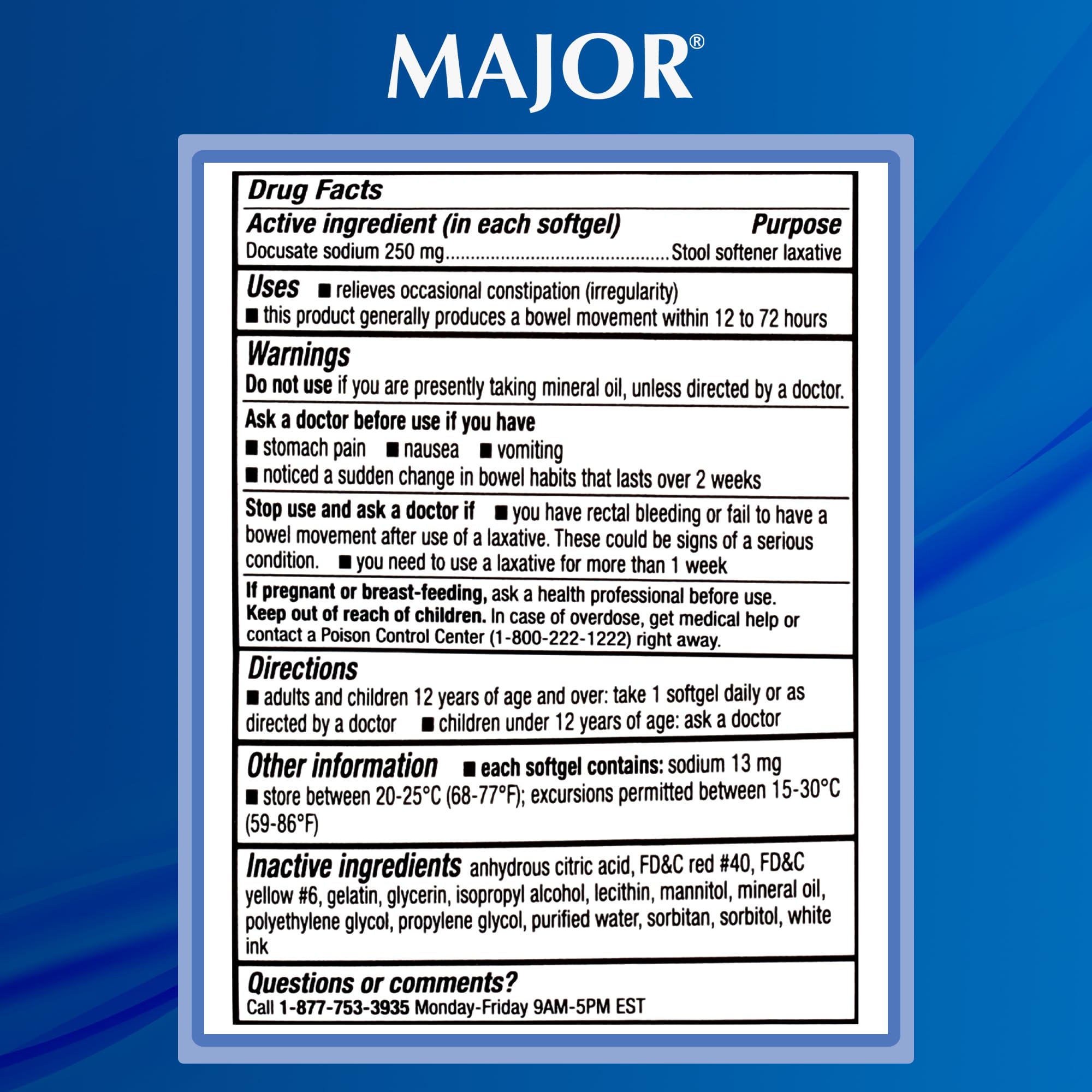 MAJOR Docusate Sodium 250 mg softgels product shot showing travel-friendly bottle