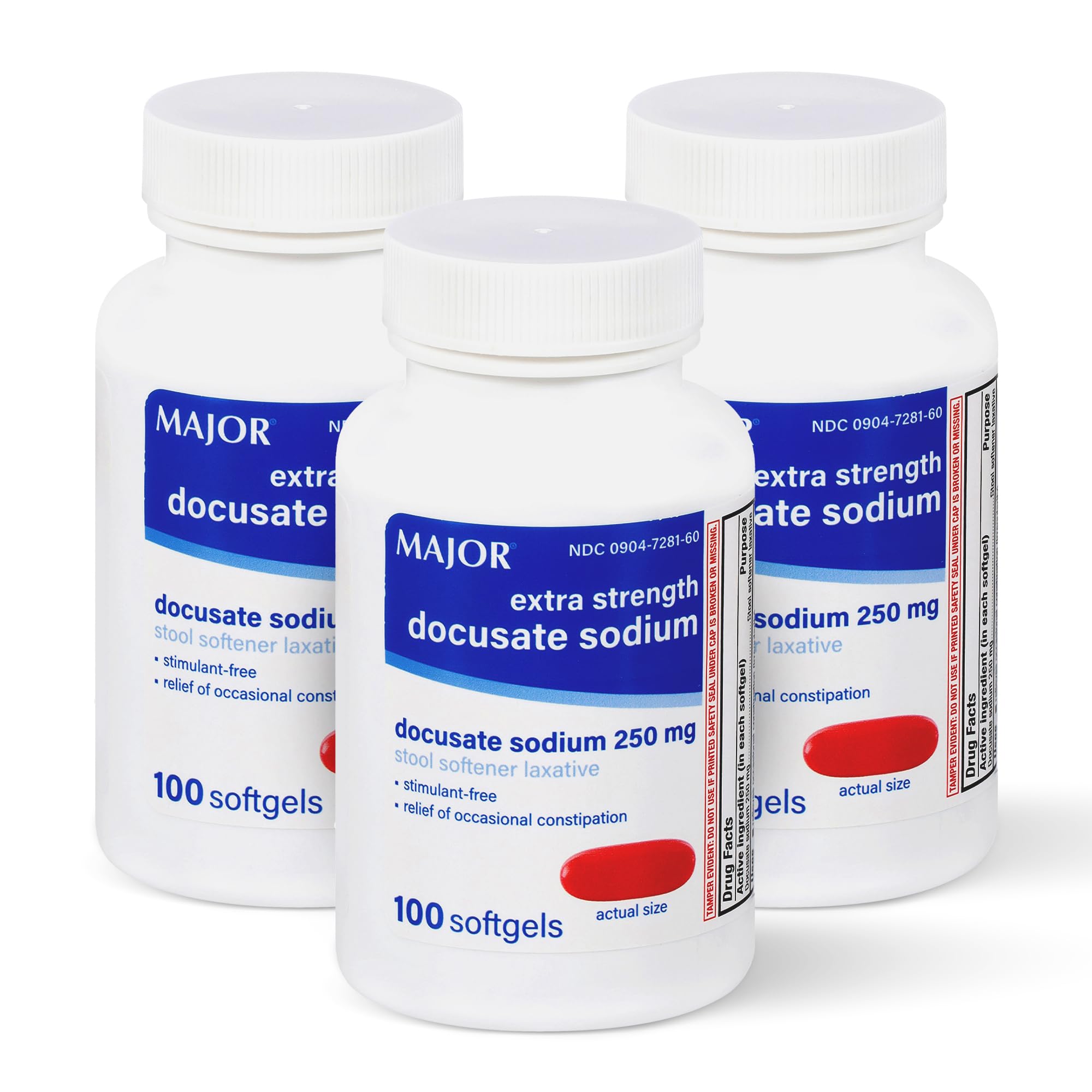 MAJOR docusate sodium 250 mg softgels bottle for convenient daily stool-softening support.