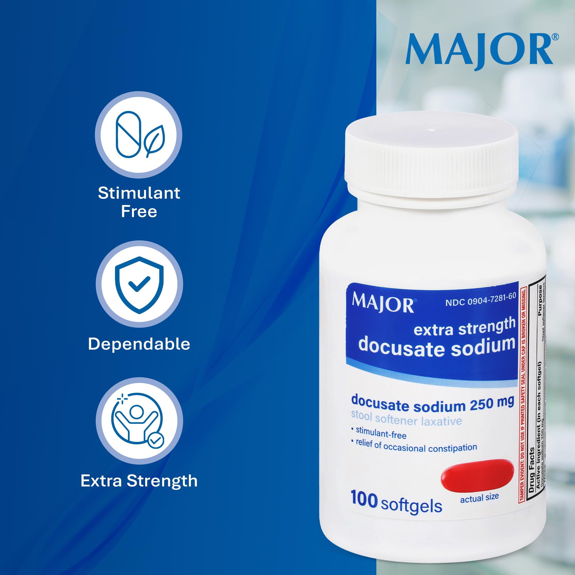 MAJOR Docusate Sodium 250 mg softgels with label highlighting non-stimulant stool softening