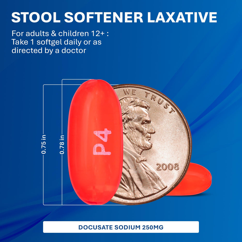 MAJOR Docusate Sodium 250 mg softgels four-pack indicating convenient daily dosing