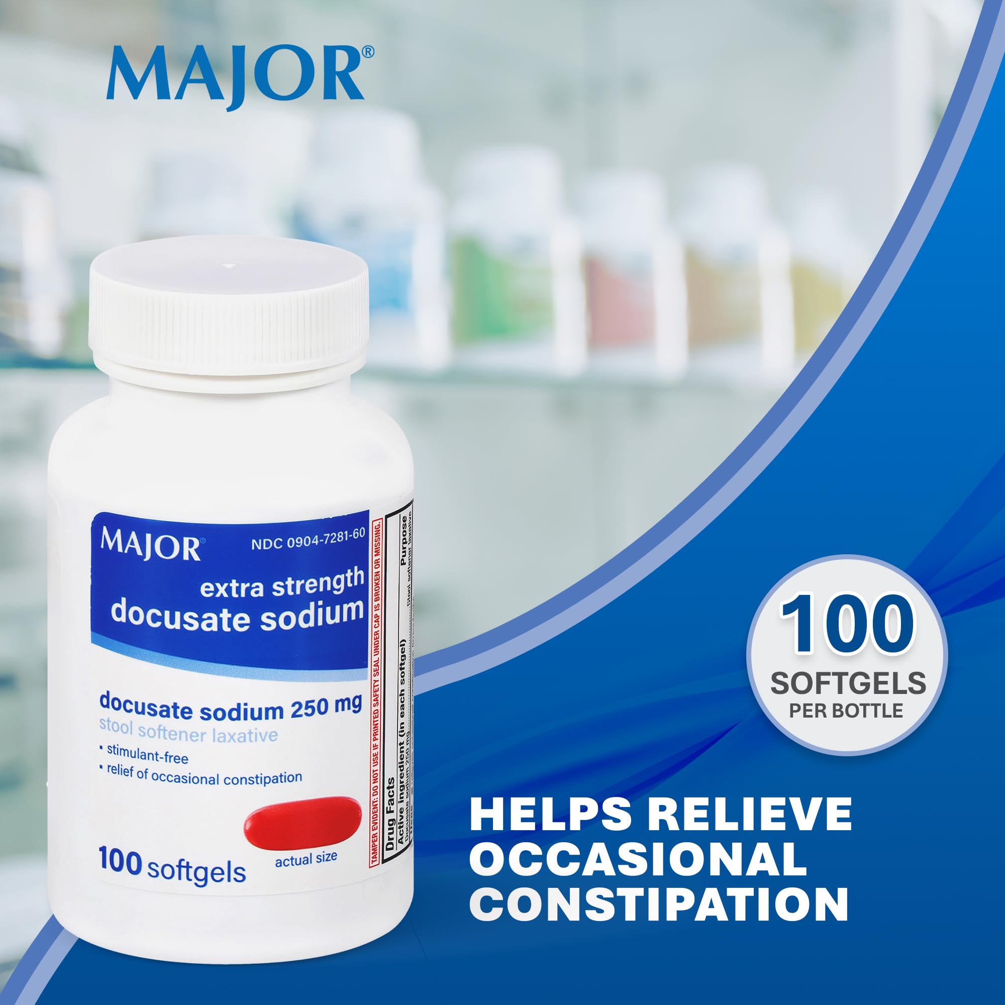 MAJOR docusate sodium softgels packaging shows stimulant-free relief in a value 3-pack.