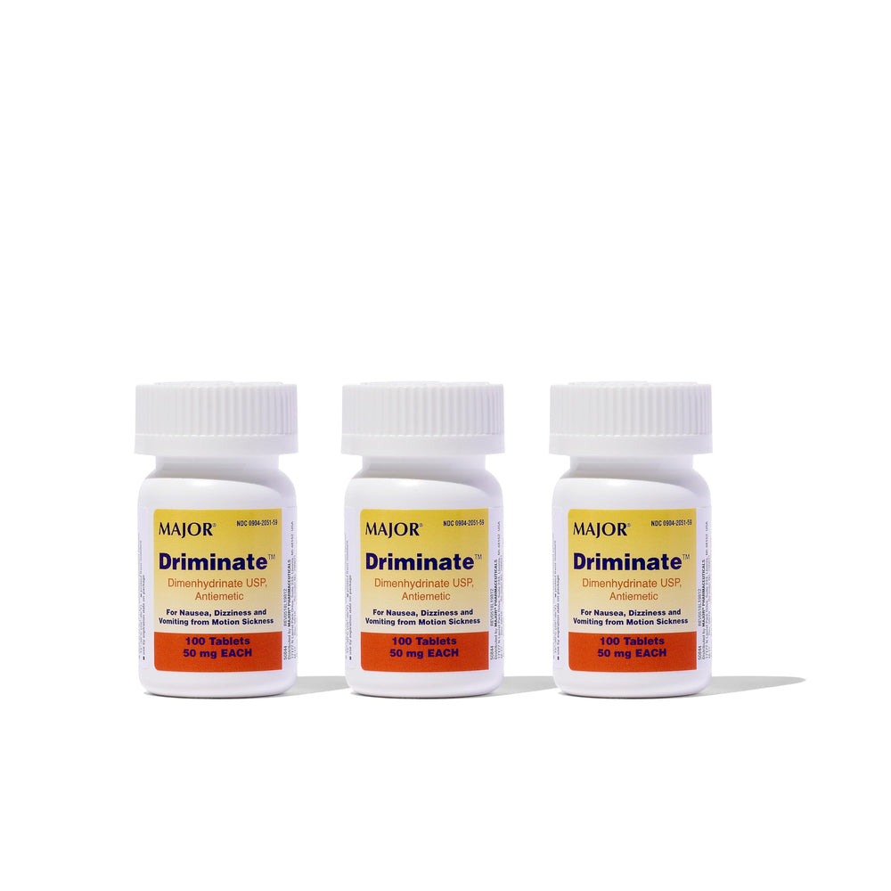 MAJOR Driminate bottle label illustrating 50 mg dimenhydrinate for travel relief.