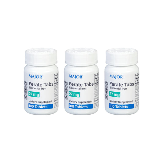 Major Ferate Tabs 27 mg ferrous gluconate iron supplement bottle front view