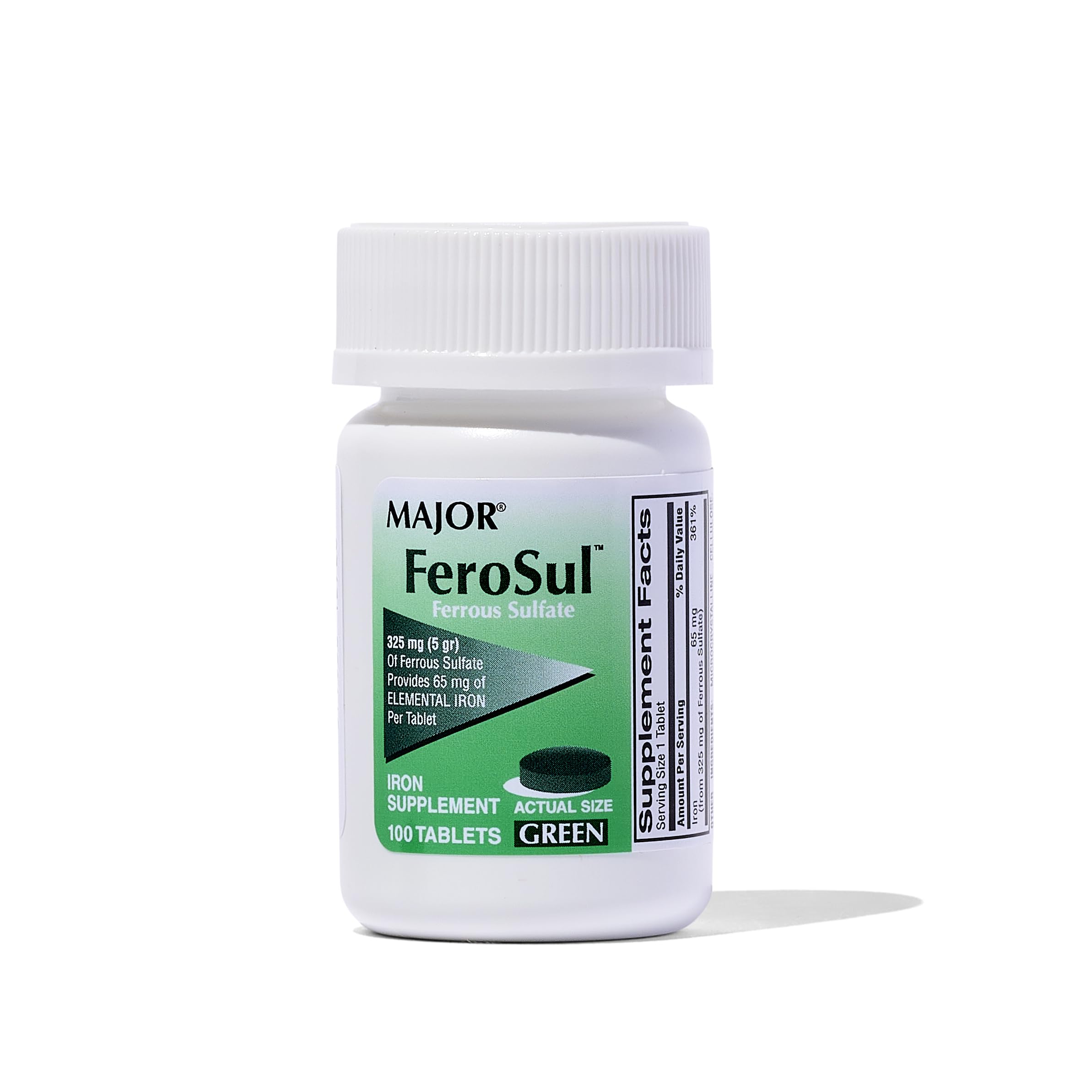 Major Ferosul 325mg Ferrous Sulfate green tablet showing 65 mg elemental iron per tablet