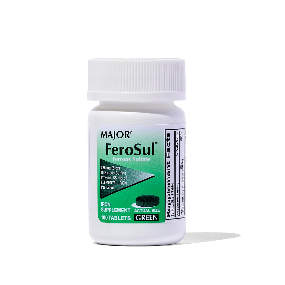 Major Ferosul 325mg Ferrous Sulfate green tablet showing 65 mg elemental iron per tablet