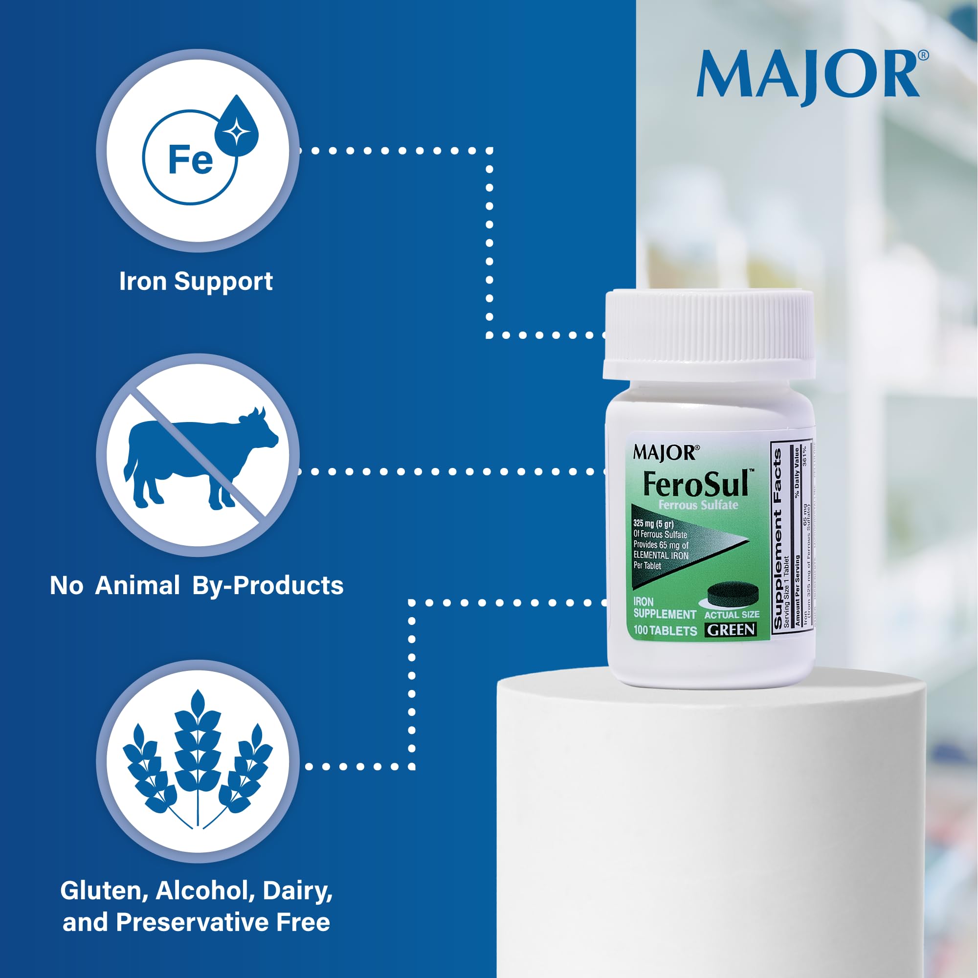 Green iron tablet Major Ferosul 325 mg ferrous sulfate