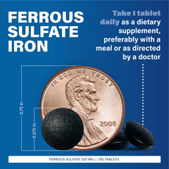 Close-up of a 325 mg ferrous sulfate tablet showing 65 mg elemental iron