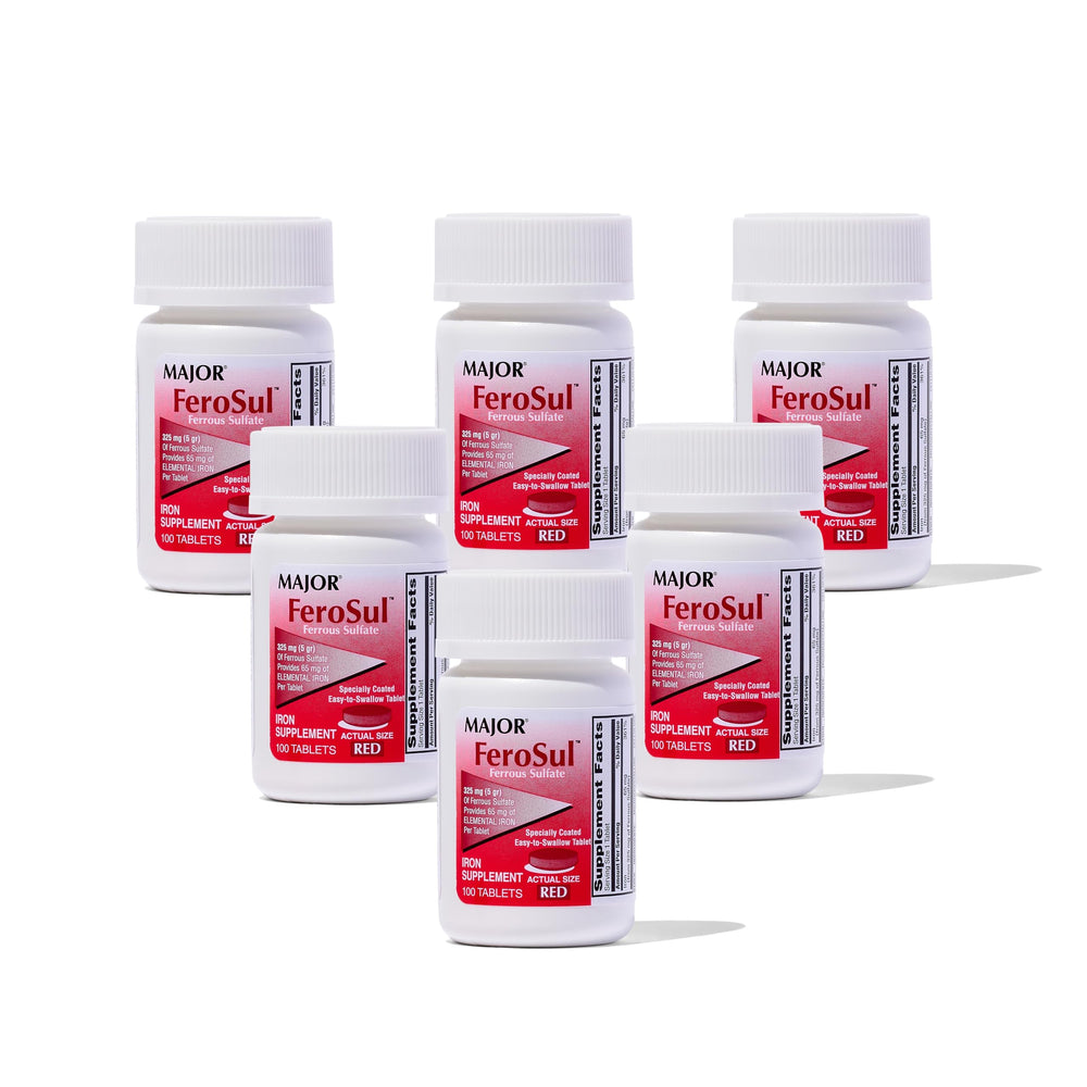 Red Major Ferosul ferrous sulfate 325mg tablet showing 65mg elemental iron per tablet