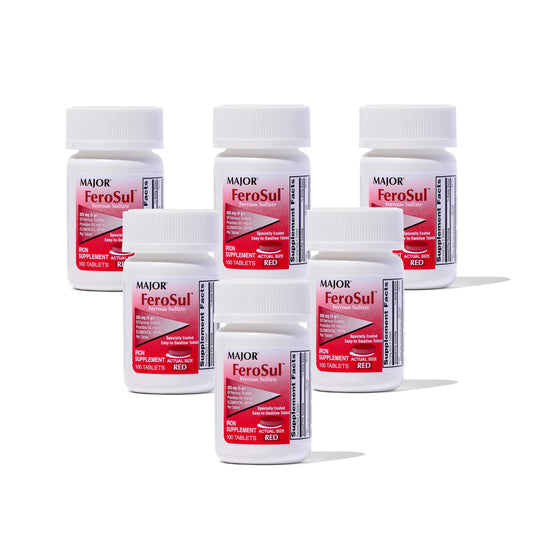 Red Major Ferosul ferrous sulfate 325mg tablet showing 65mg elemental iron per tablet