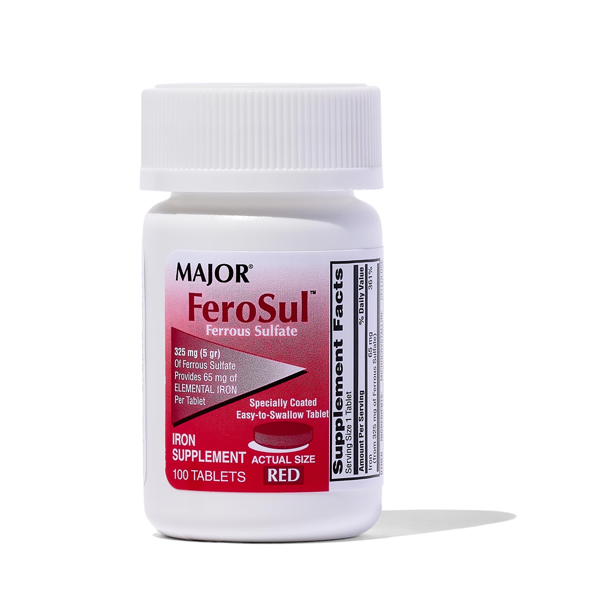 Front view of Major Ferosul ferrous sulfate 65mg elemental iron red tablets in bottle