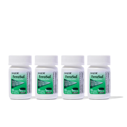 Bottle of Major Ferosul Ferrous Sulfate 325mg tablets with green label