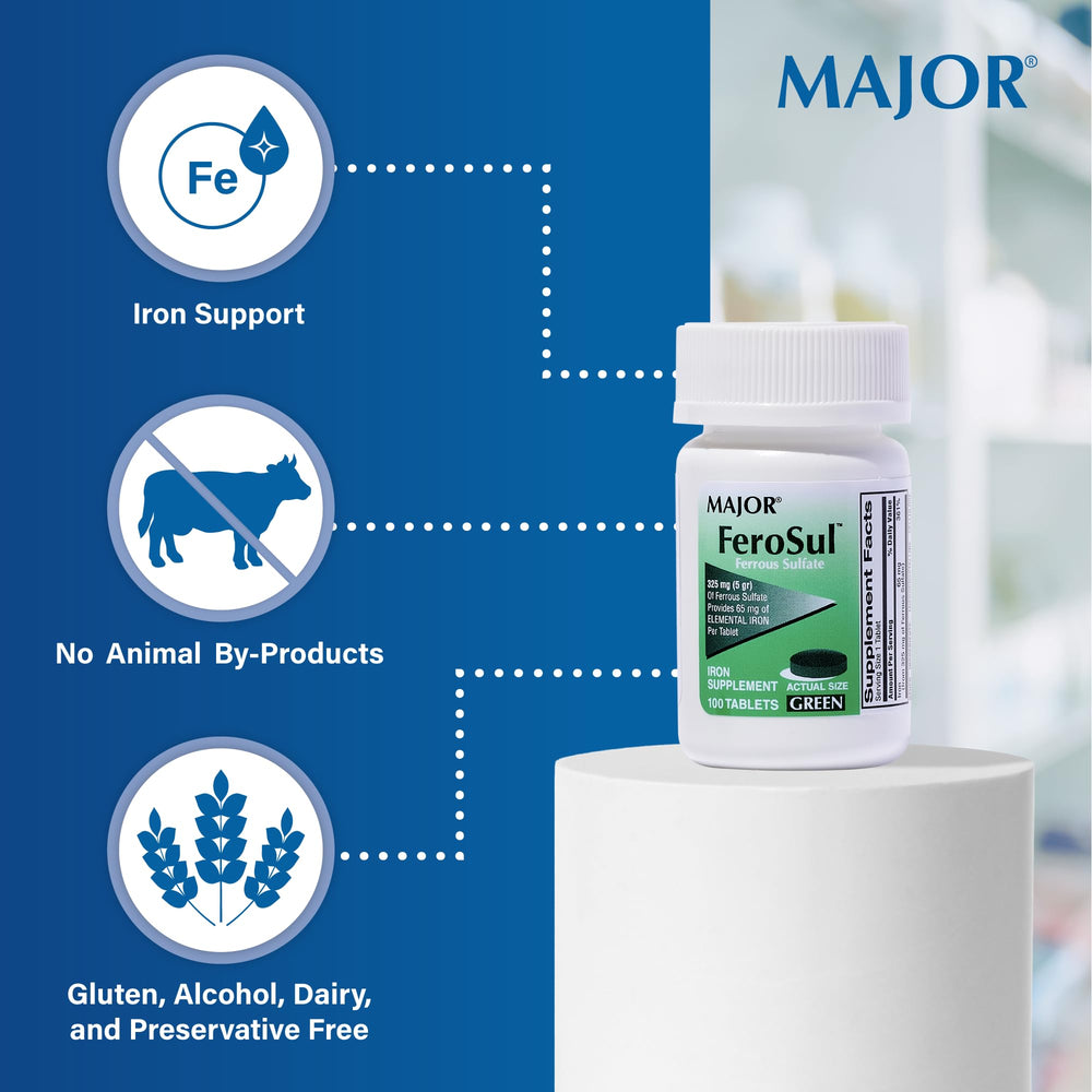 Green bottle of Major Ferosul iron supplement
