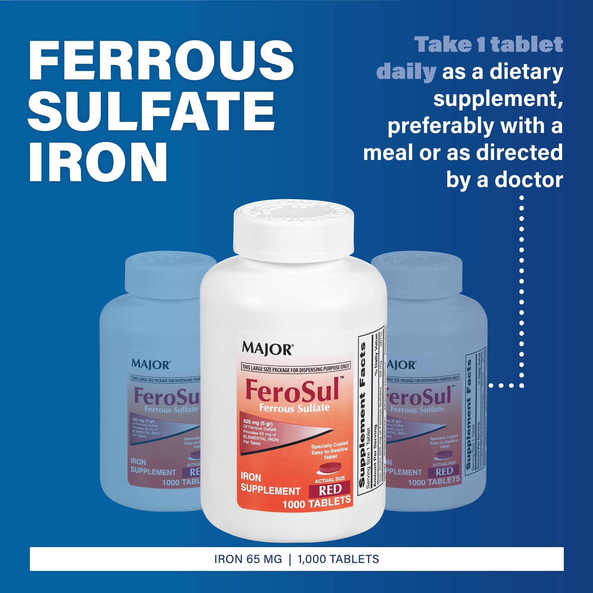 Front view of Major FeroSul iron supplement bottle with 1000 tablets
