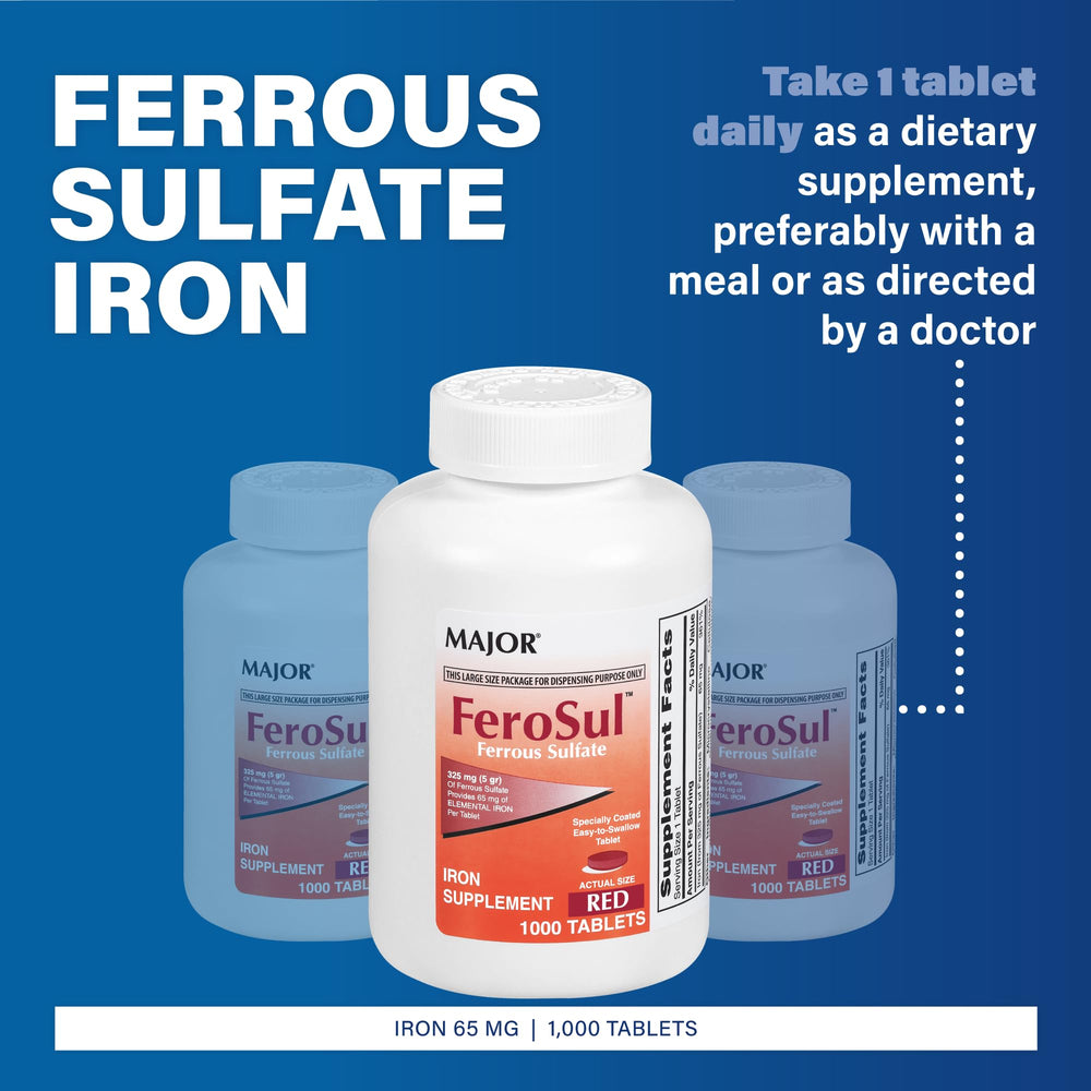 Front view of Major FeroSul iron supplement bottle with 1000 tablets