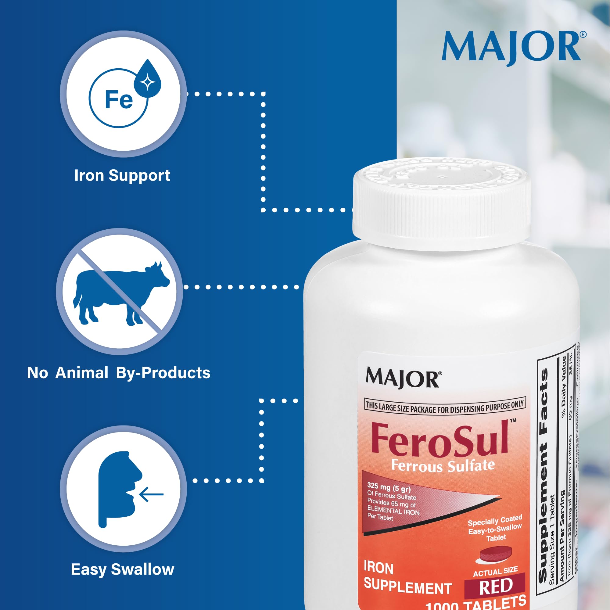 Unflavored red ferrous sulfate iron tablets by Major Ferosul