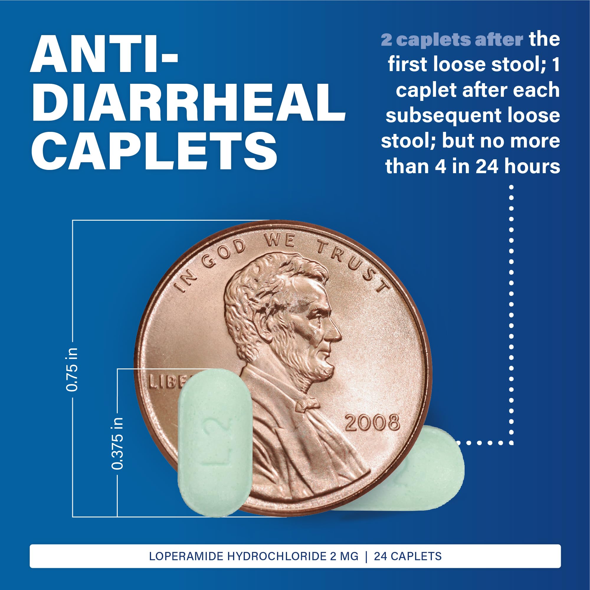 Dosing guide graphic image demonstrates after first loose stool, two caplets