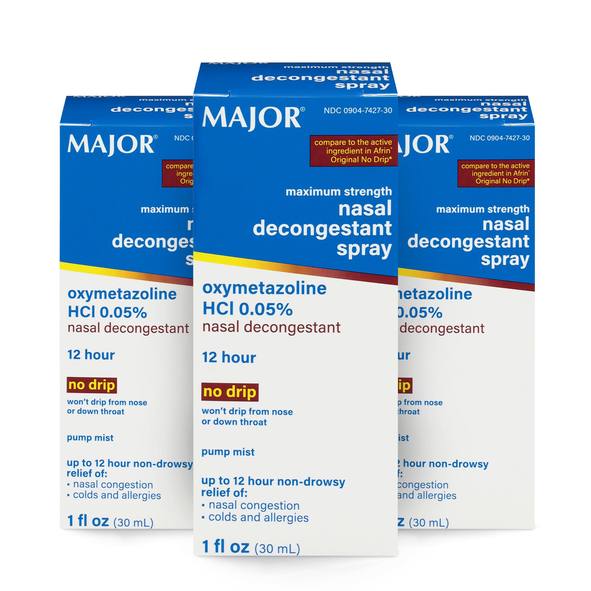 MAJOR nasal decongestant spray oxymetazoline pump mist for fast relief.
