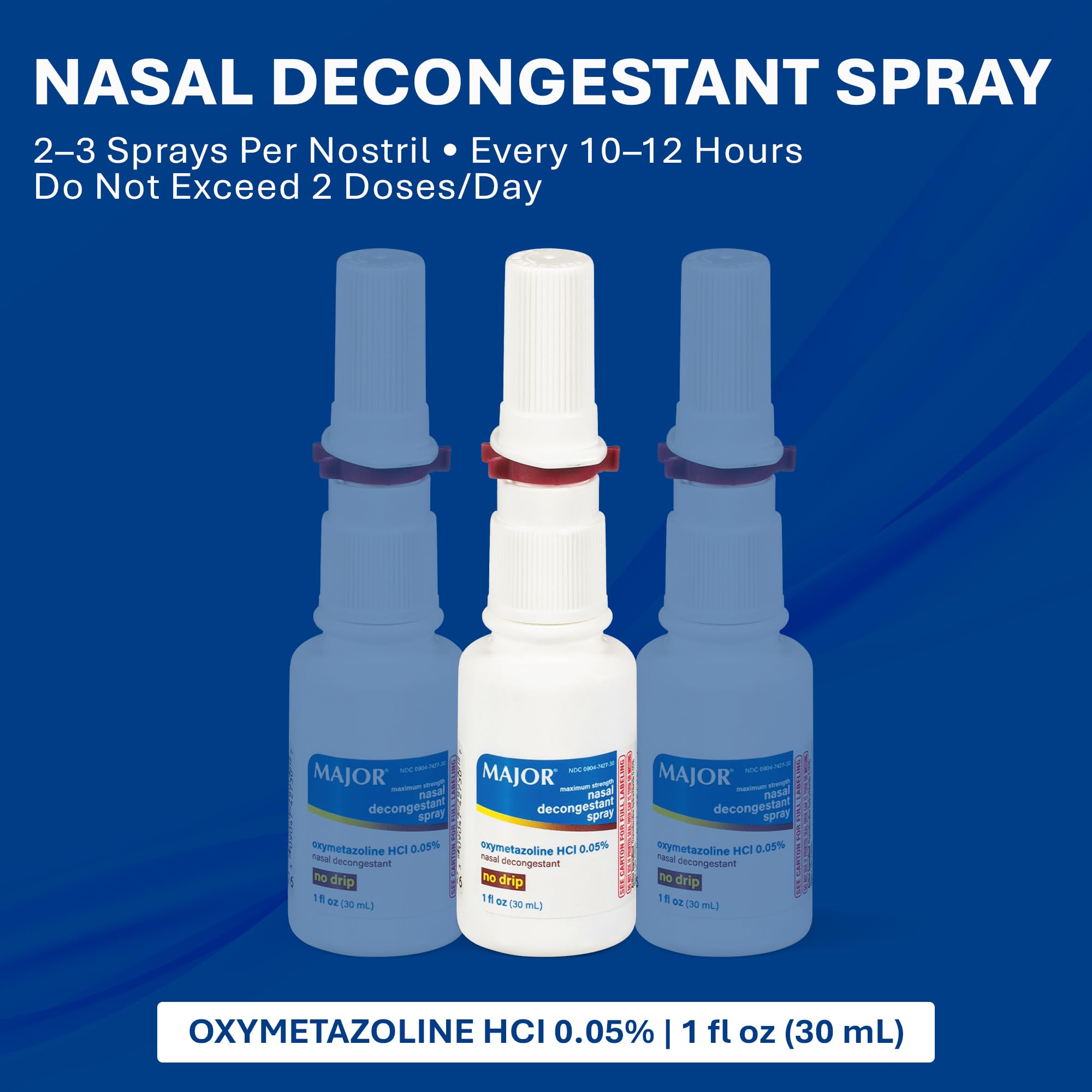 MAJOR nasal decongestant spray packaging-box clearly communicates dosing guidance.