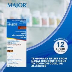 MAJOR nasal decongestant spray pump-nozzle closeup demonstrates non-drip delivery.