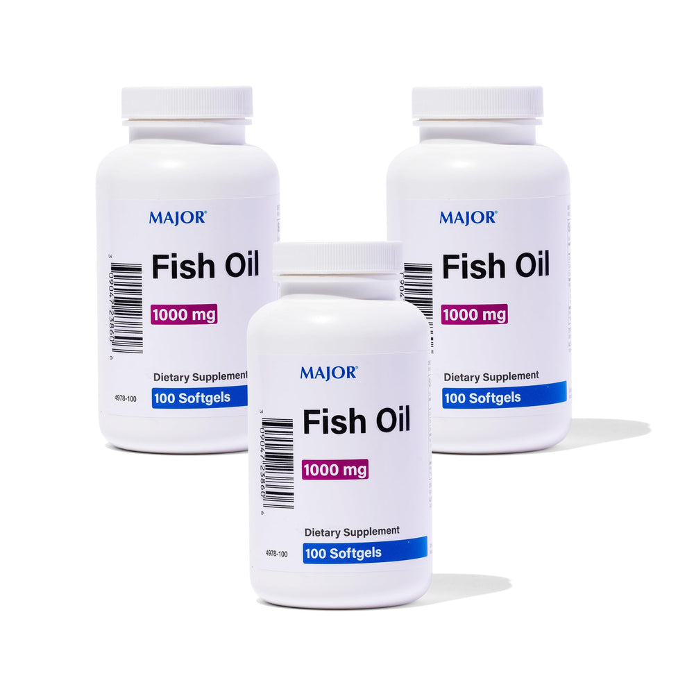 Front packaging of MAJOR Omega-3 Fish Oil 1000mg 100 softgels 3-pack
