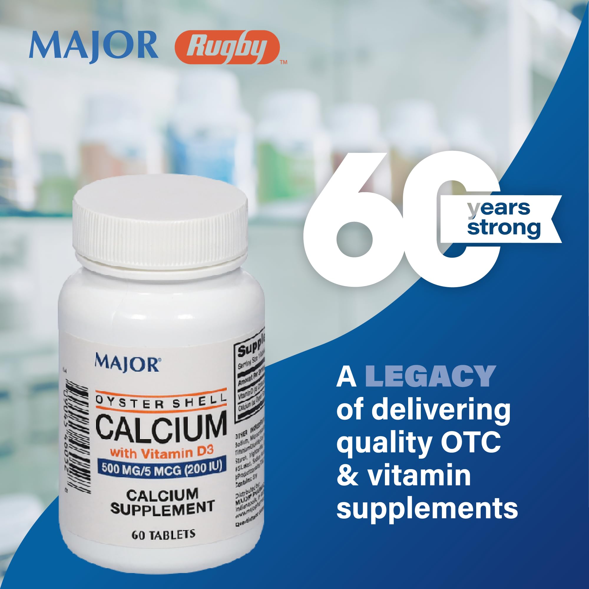 Front view of Major Oyster Shell Calcium with Vitamin D3 bottle